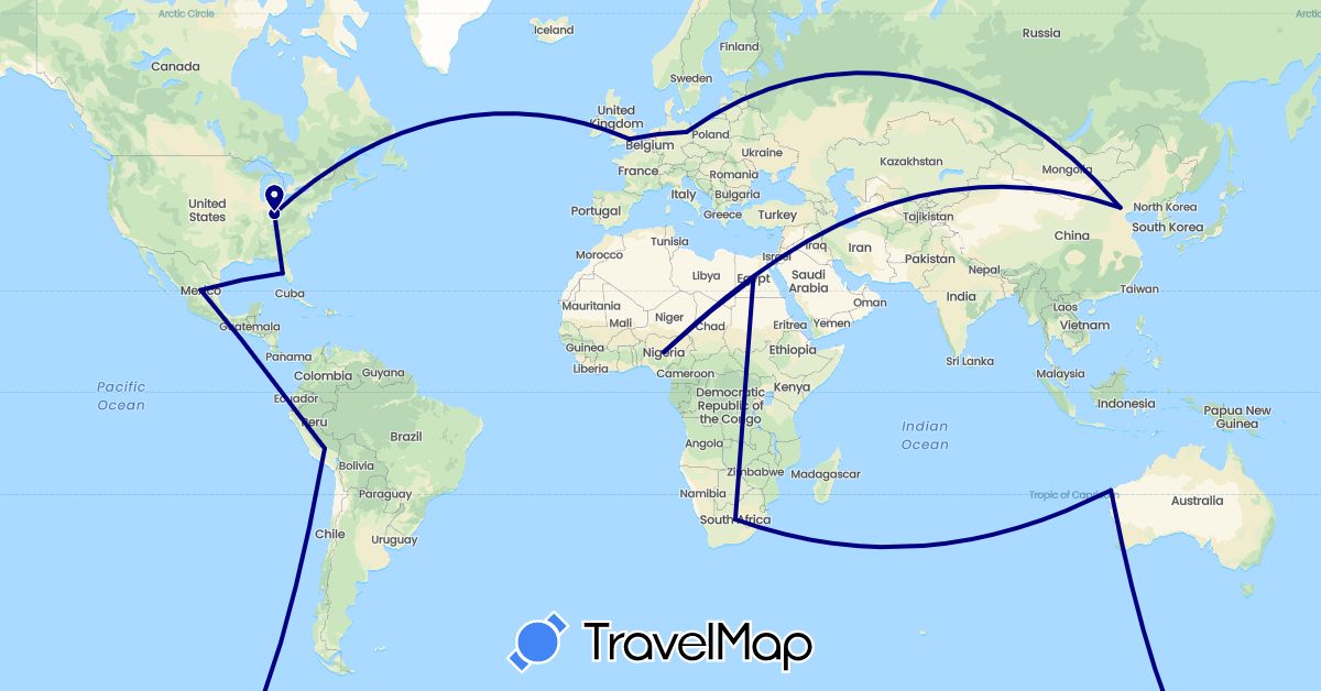 TravelMap itinerary: driving in Australia, China, Germany, Egypt, United Kingdom, Mexico, Nigeria, Peru, United States, South Africa (Africa, Asia, Europe, North America, Oceania, South America)
